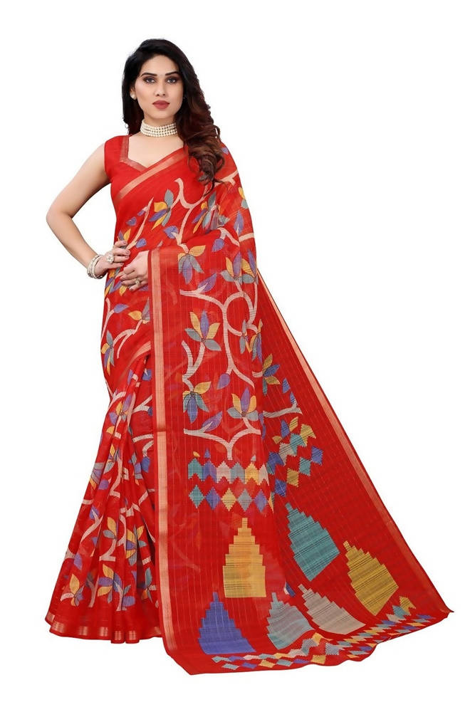 Vamika Red Linen Zari Border Beautiful Saree