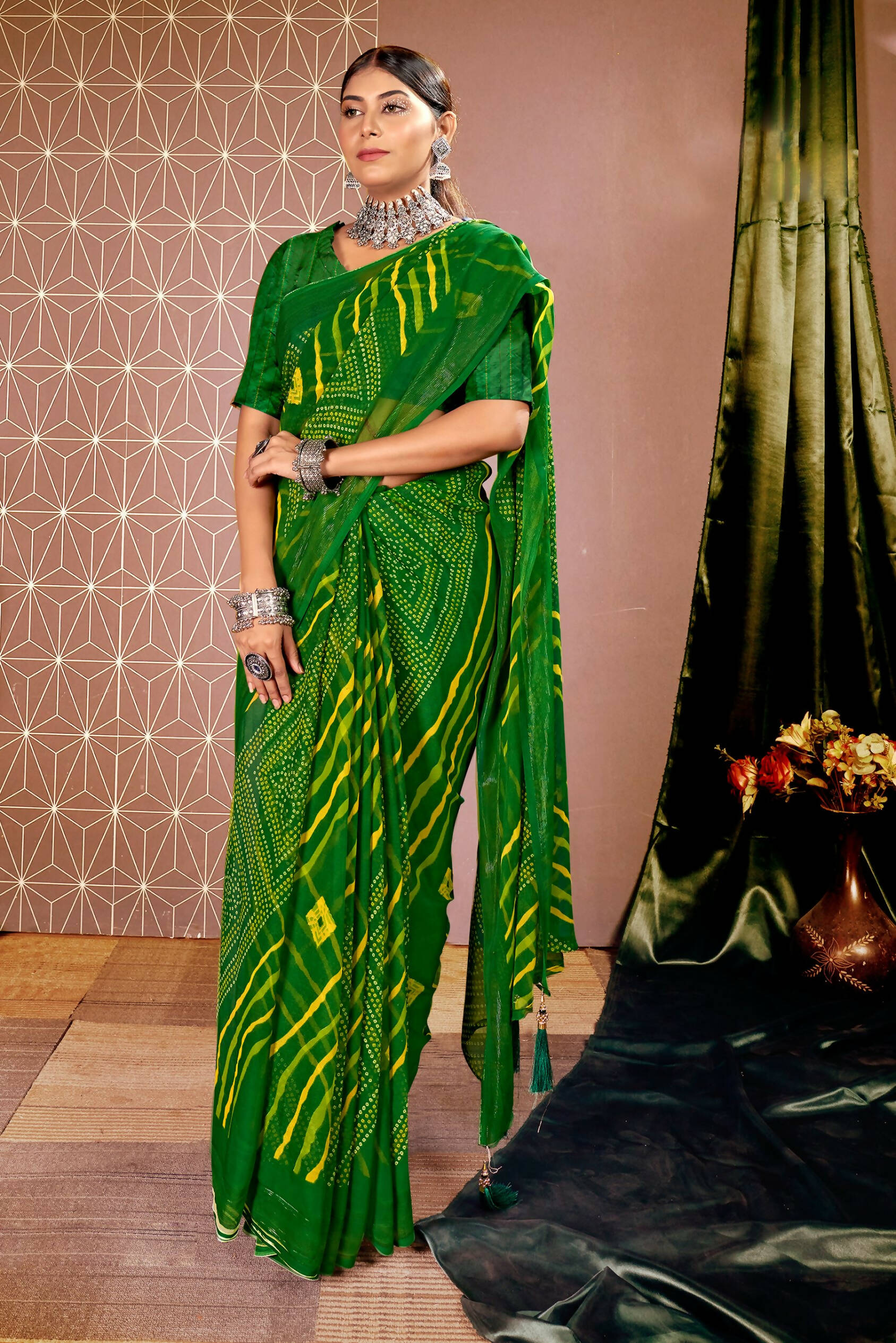 Green Chiffon Leheriya Printed Saree With Unstitched Blouse Piece - Shanaya - Distacart