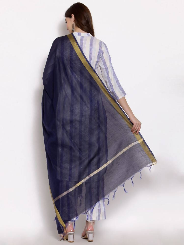 Myshka Women's Blue Cotton 3/4 Sleeve Mandarin Collar Printed Casual Kurta Pant Dupatta Set