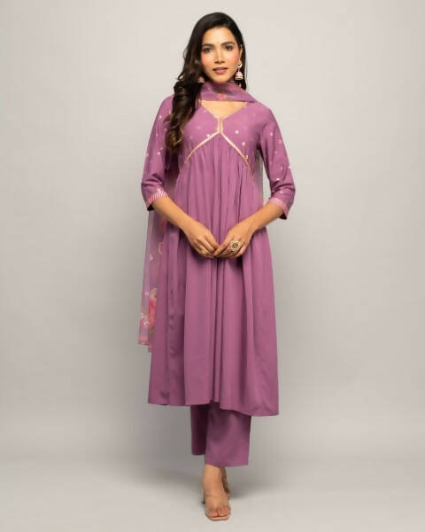FIORRA Women's Lavender Creap A-Line Kurta Pant With Dupatta - Distacart