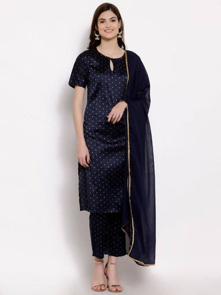 Myshka Women's Dark Blue Silk Blend Half Sleeve Round Neck Printed Casual Kurta Pant Dupatta Set