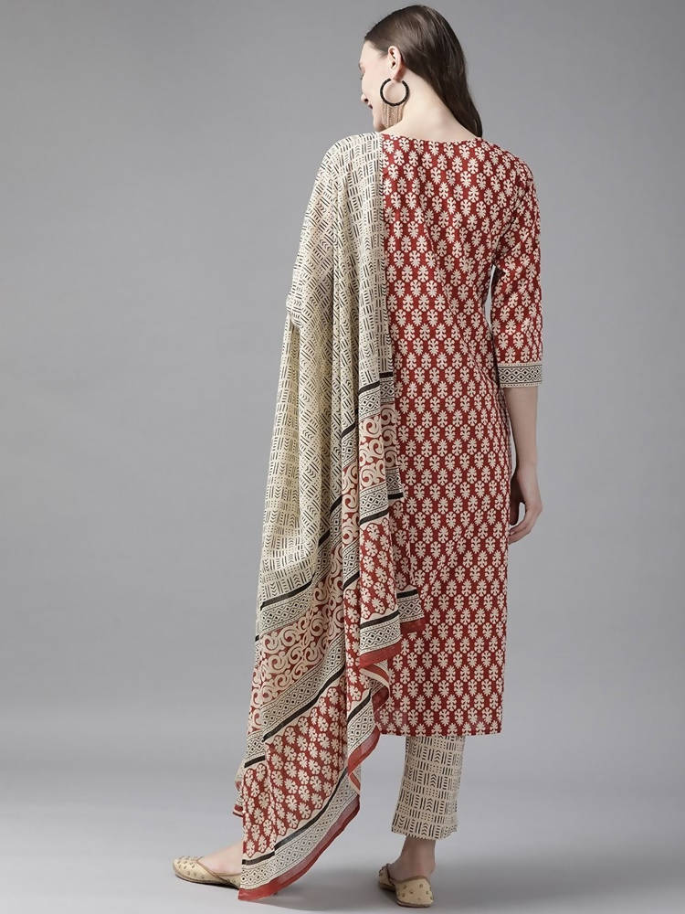 Yufta Women Rust Red and Beige Print Pure Cotton Kurta with Trouser and Dupatta