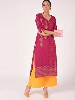 Cheera Hand Block Print Magenta Color Straight Kurta