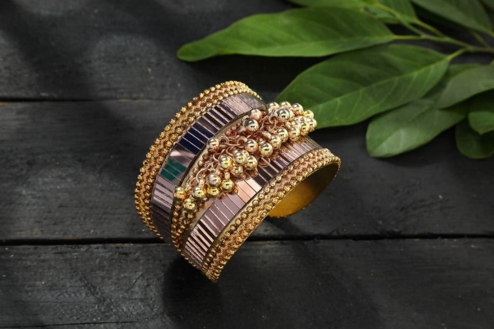 Gold Plated Oxidised Mirror & Ghungroo Cuff openable Bracelet