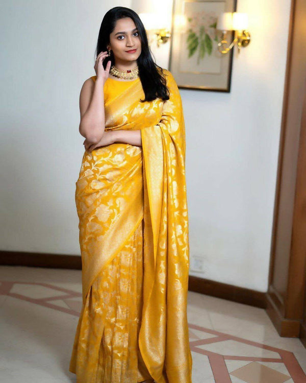 DEIANA'S Beautiful Golden Jari with New Design Soft Lichi Silk Saree - Yellow - Distacart