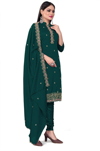 Teal Silk Embroidered with Sequins work Unstitched Dress Material - Tanvi - Distacart