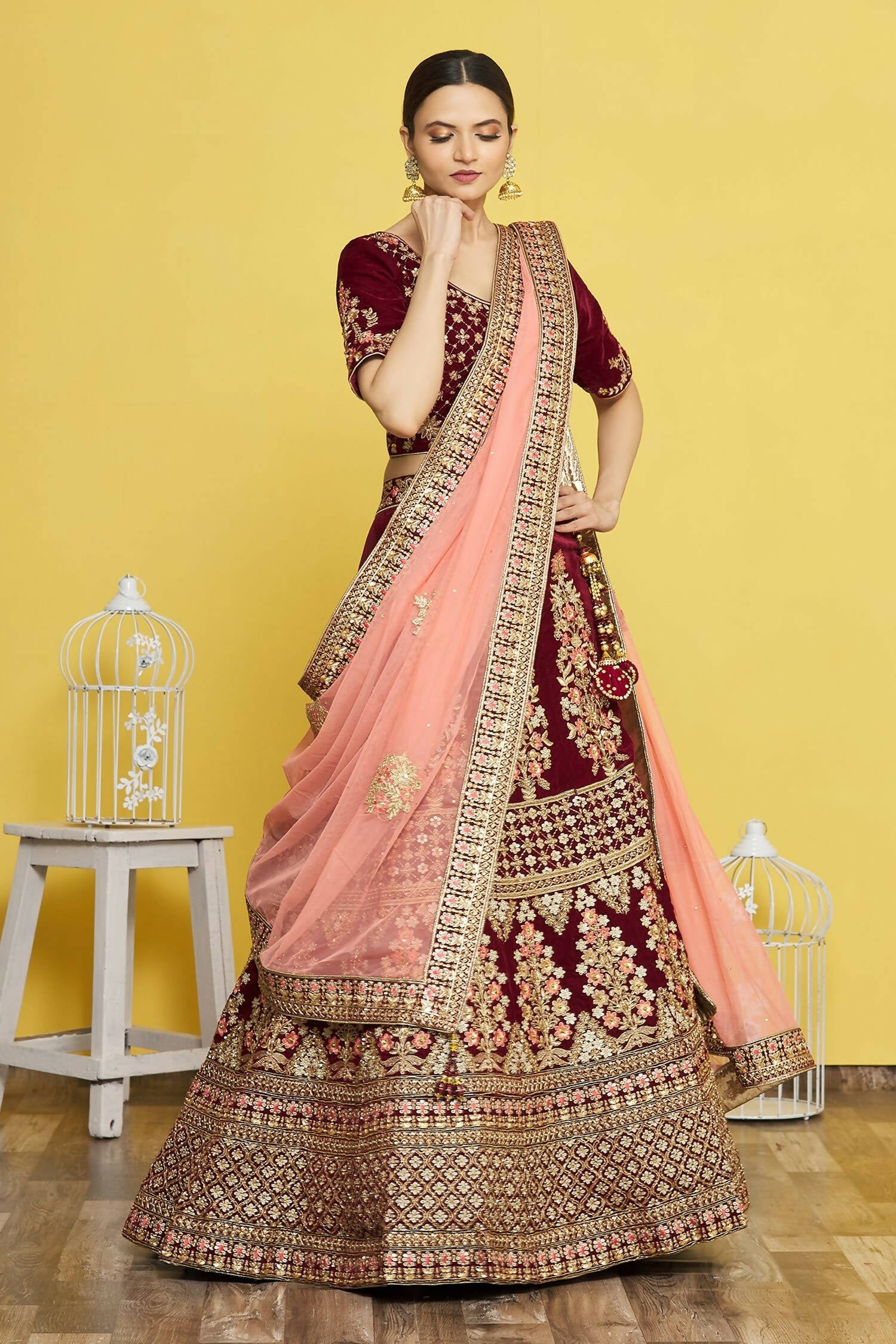 Maroon Velvet Semi-Stitched Wedding Bridal Lehenga - Nimaya - Distacart