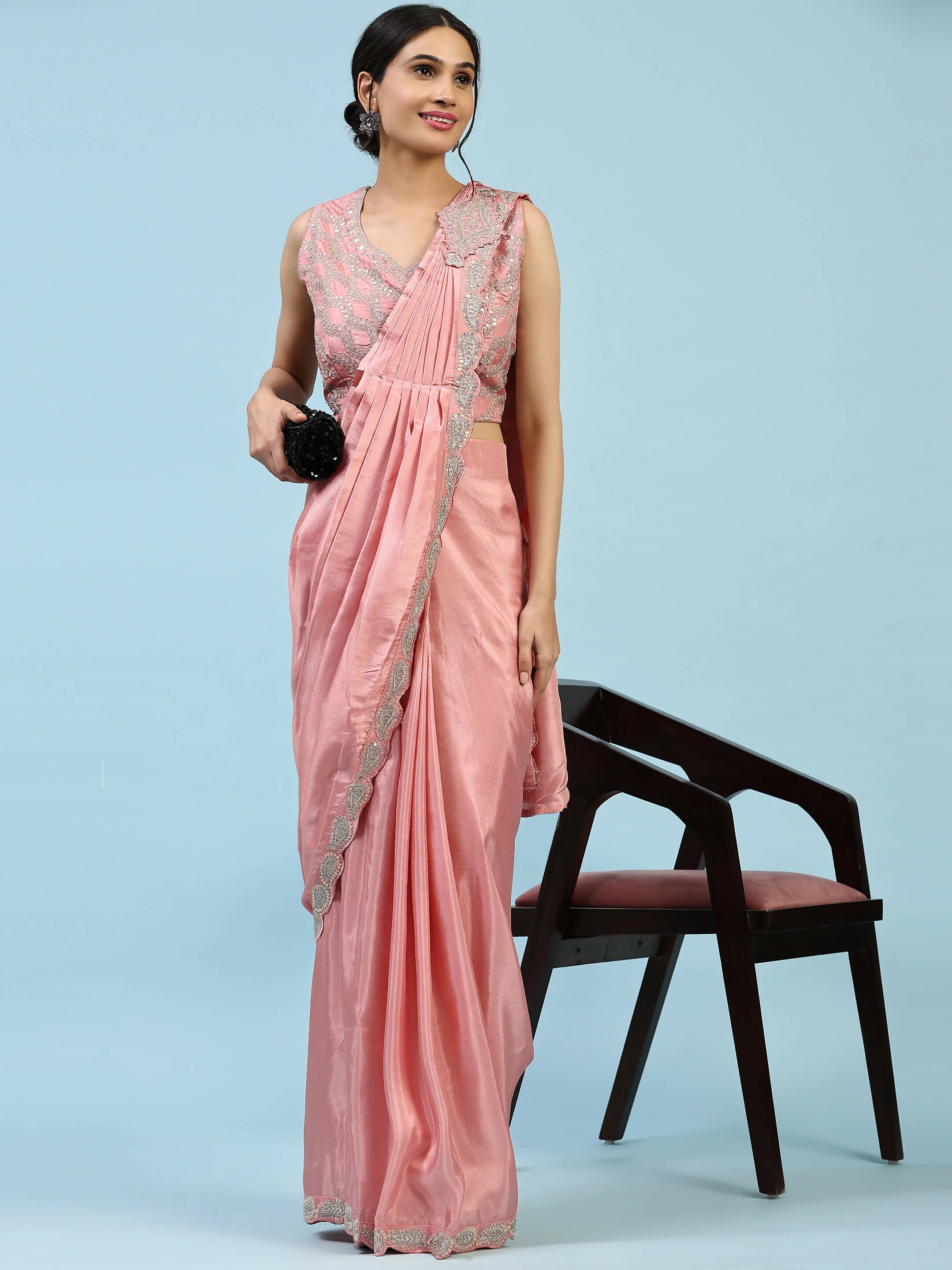 Peach Silk Satin Plain Ready to wear Saree with stitched Blouse - Vrinda - Distacart