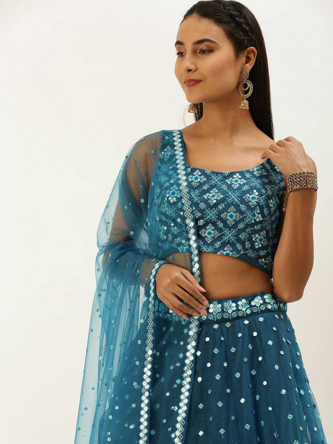 House of Panchhi Teal Net Sequinse Work Lehenga & Blouse, Dupatta - Distacart