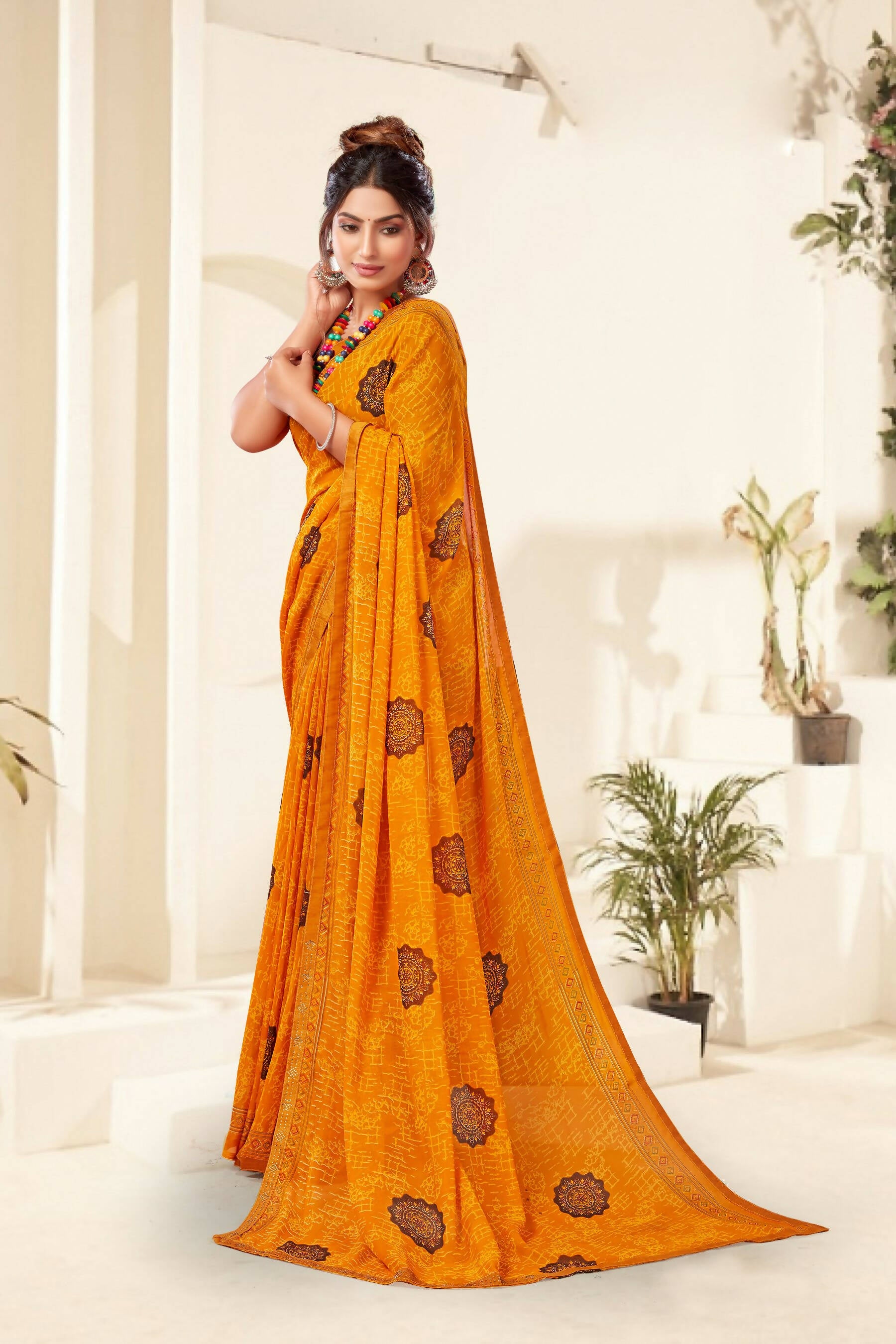 Mustard Georgette Texture Printed Saree with Unstitched Blouse Piece - Akansha - Distacart