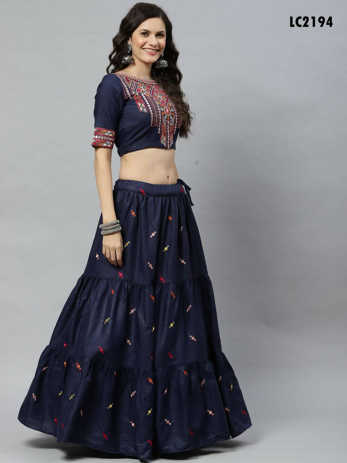 Navy Blue Cotton Embroidered Work Lehenga Choli with Dupatta - Jivika - Distacart