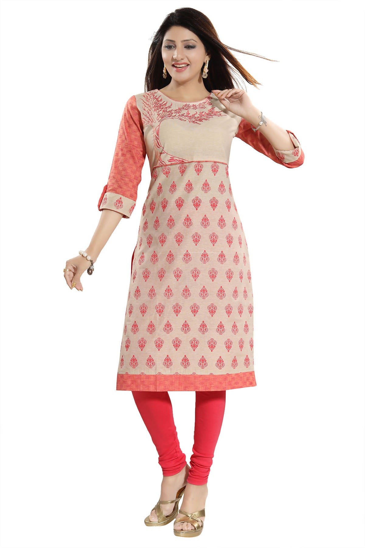 Snehal Creations Flamboyant Tomato And Beige Cotton Printed Tunic - Distacart