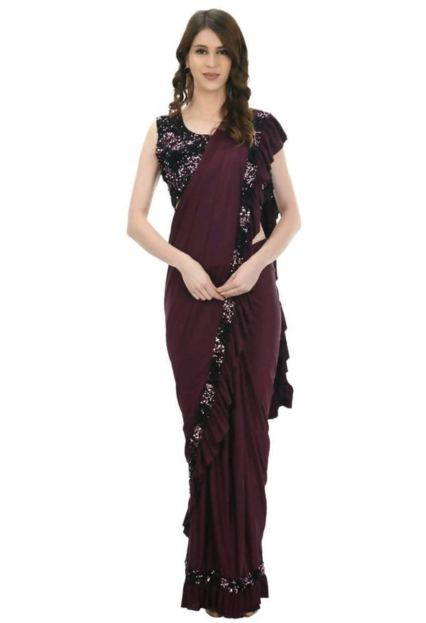 Mominos Fashion All Season Wear Wine And Black Colour Ruffled Ready To Wear Saree
