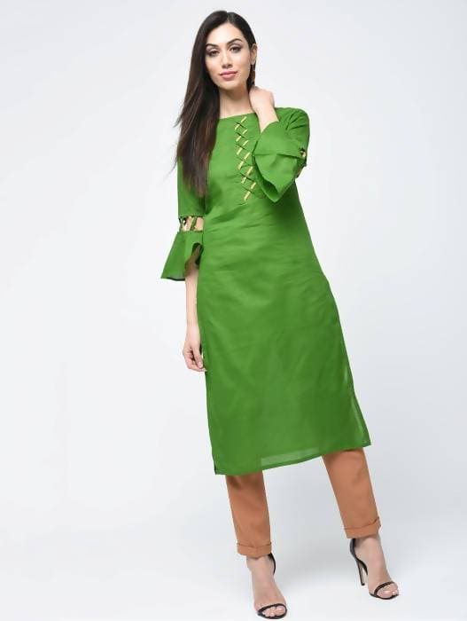 Aniyah Cotton Criss Cross Bell Sleeves Straight Kurta In Green (AN-101A)