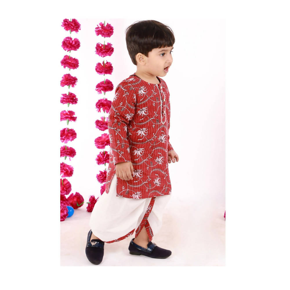 Little Bansi Brown and White Color Bengali Kantha work floral kurta with Dhoti