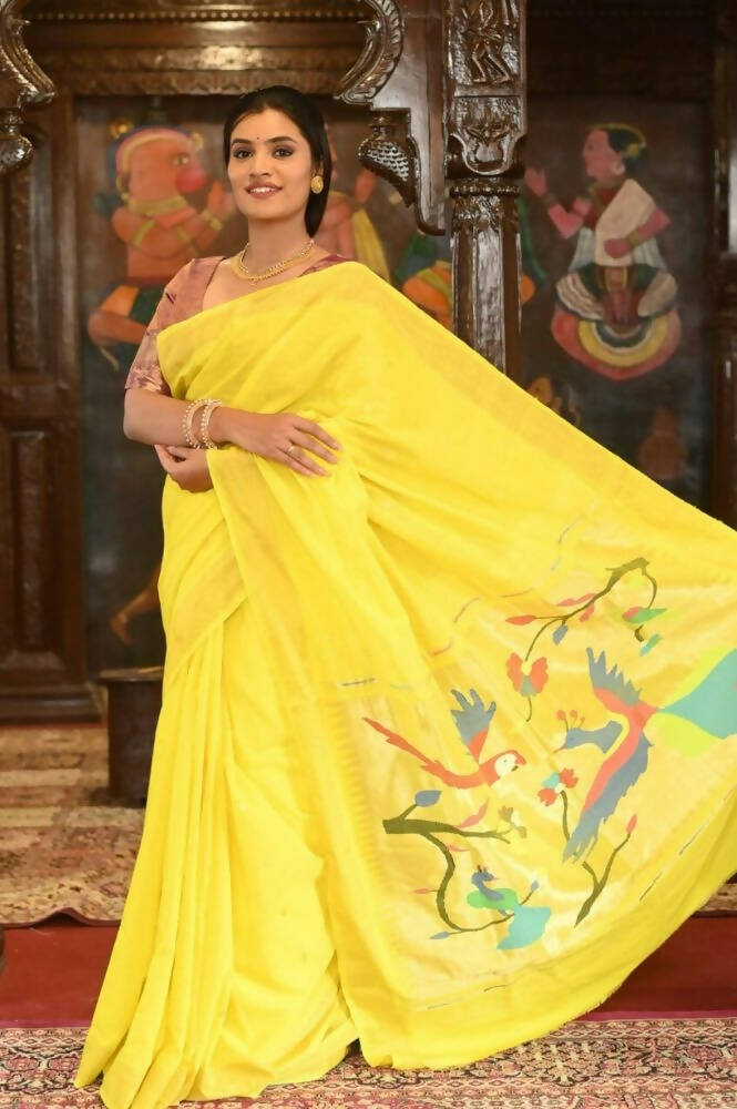 Very Much Indian Handloom Pure Cotton Paithani-Lime Yellow - Distacart