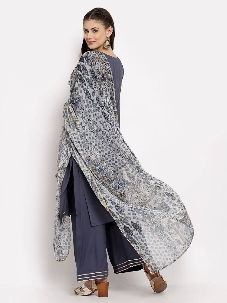 Myshka Women's Grey Cotton Solid 3/4 Sleeve V Neck Casual Kurta Palazzo Dupatta Set