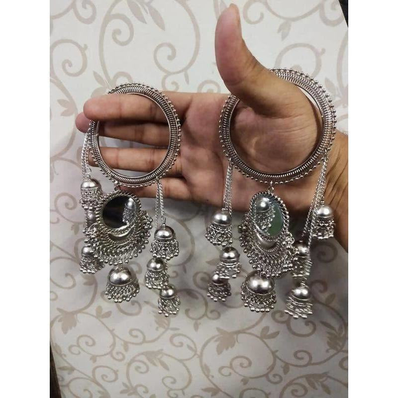 Hanging Jhumkas With Mirror Silver Latkan Bangles