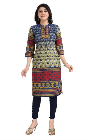 Snehal Creations Multicolored Designer Digital Print Cotton Slub Fabric Long Kurti Tunic - Distacart