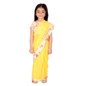 Little Bansi Yellow Color 90's Era Saree with Silk Floral Blouse