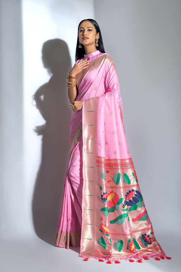 Vishnu Weaves Women's Baby Pink Paithani Silk Zari Woven Saree with Unstitched Blouse - Distacart