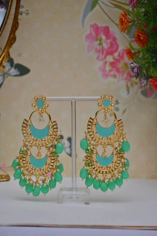 Meenakari Work Gold Plated 2 Layered Beaded Apple Green Chandbali Earrings with Kundan and Pearl Work By House of Ree - Distacart
