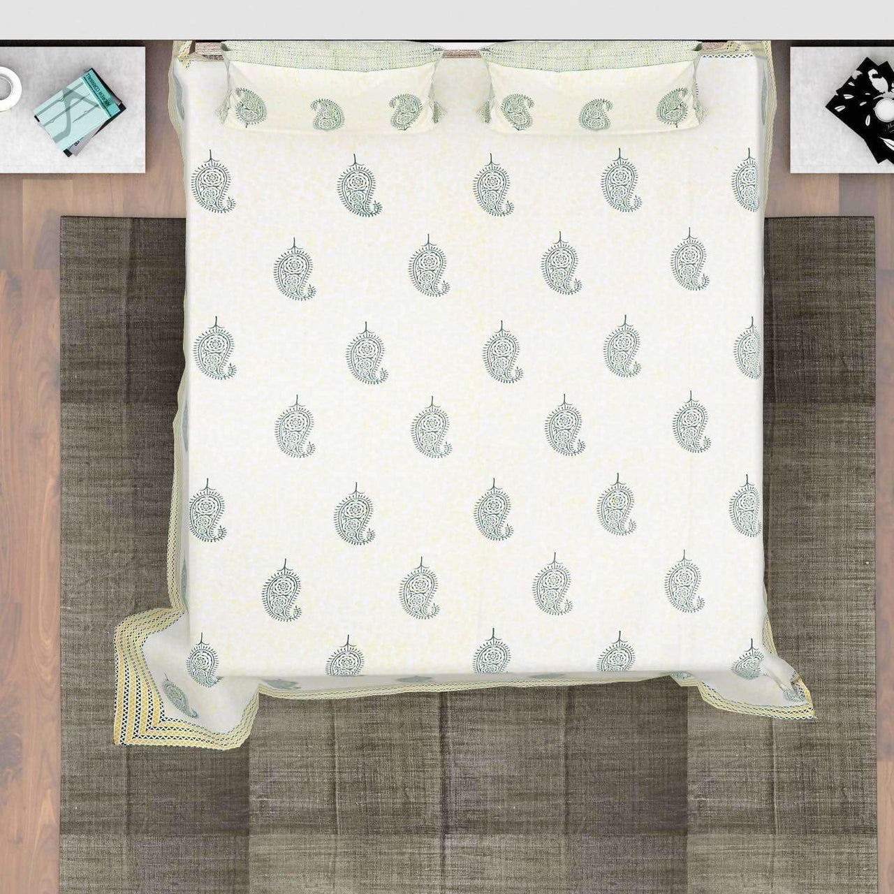 Hand Block Printed Double/Queen 230x270 Cms Bedsheet with 2 Pillow Covers - Distacart