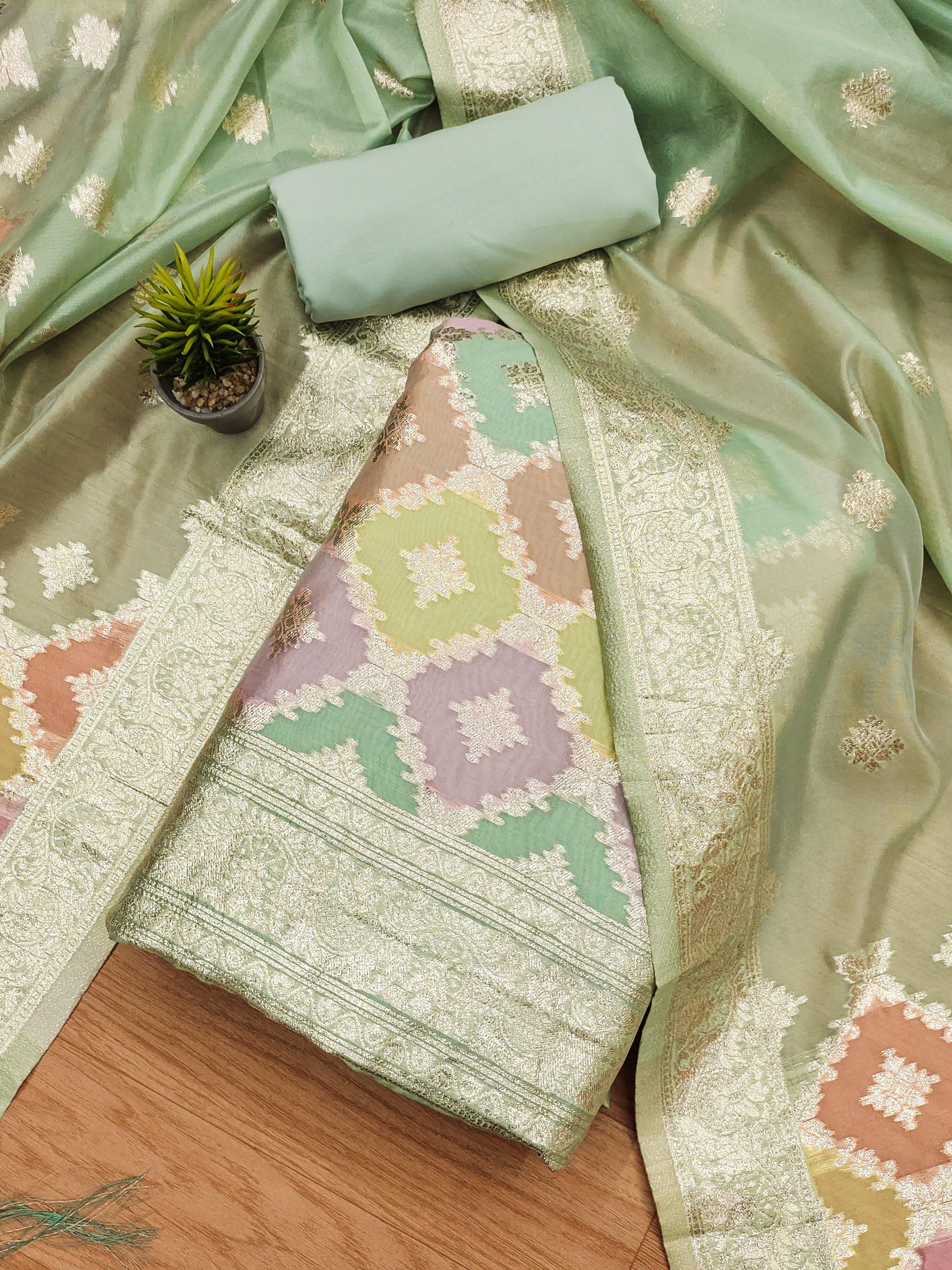 Lorenvalley Fashion Women Zari Woven Organza Suit Unstitched - Green - Distacart