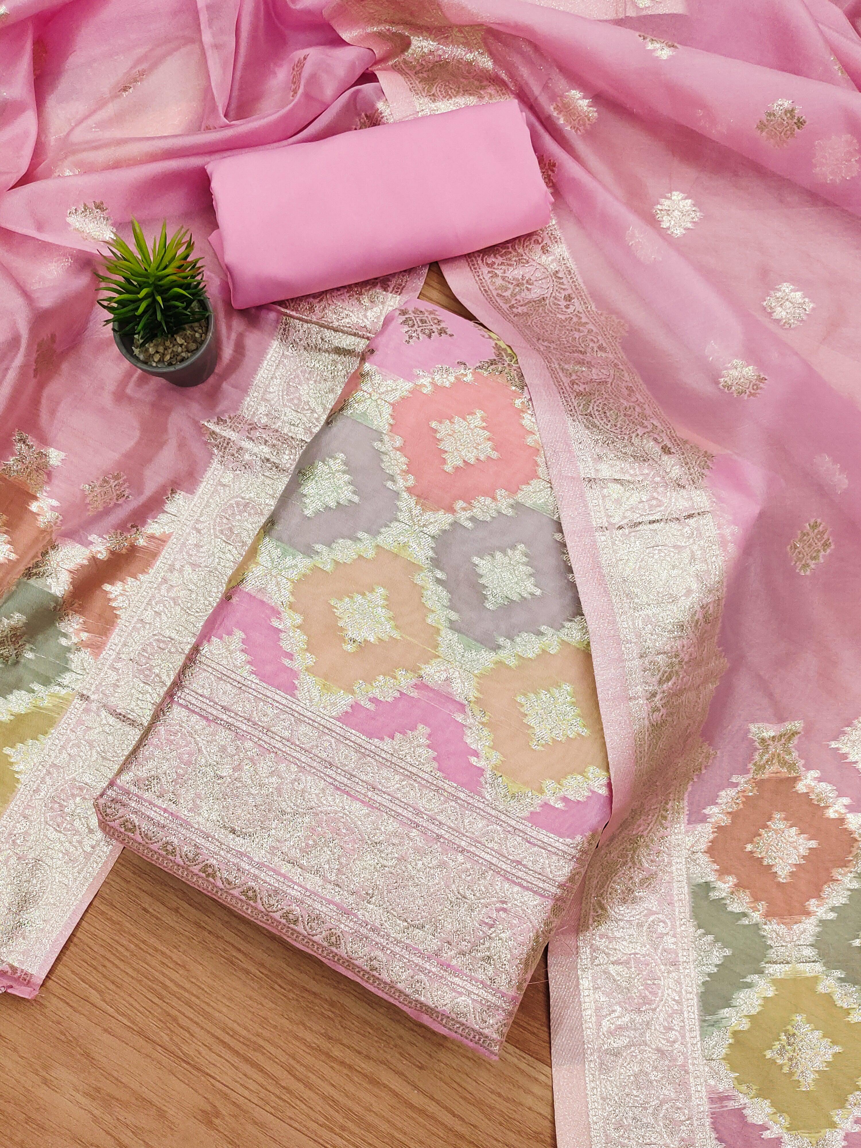 Lorenvalley Fashion Women Zari Woven Organza Suit Unstitched - Pink - Distacart