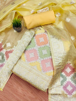 Thumbnail for Lorenvalley Fashion Women Zari Woven Organza Suit Unstitched - Yellow - Distacart