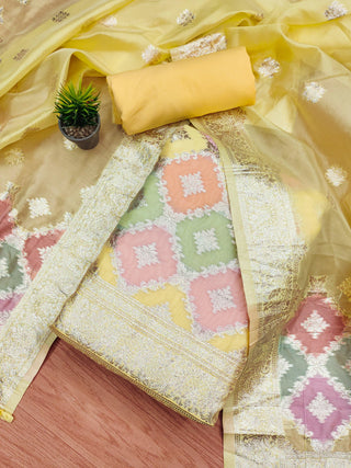 Lorenvalley Fashion Women Zari Woven Organza Suit Unstitched - Yellow - Distacart