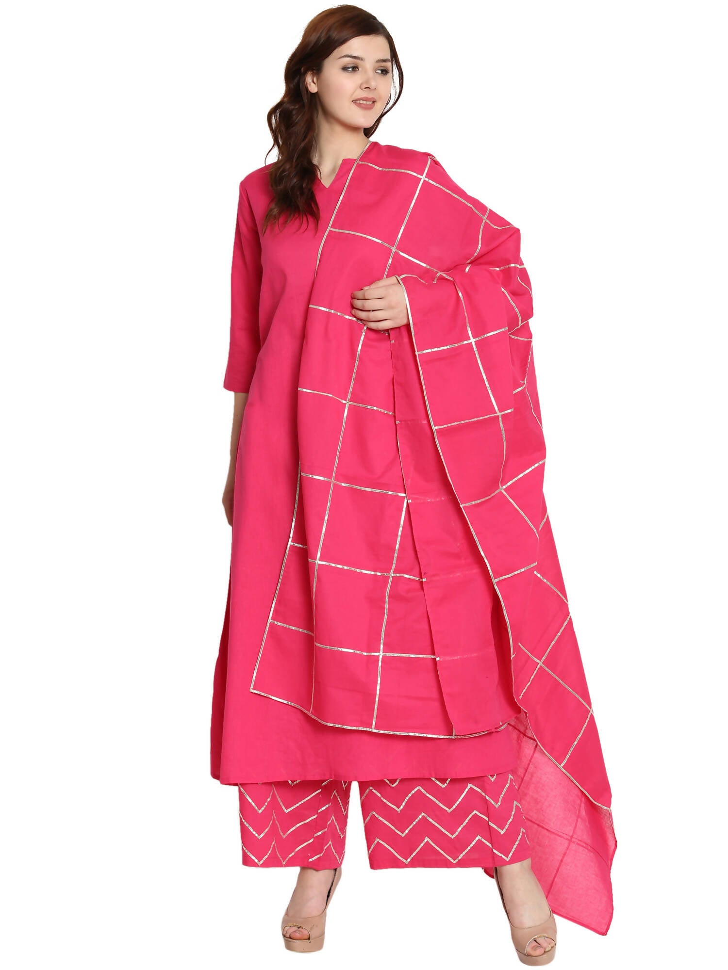 Women's Fushia Pakistani Suit Set With Full Gota Work On Duptta And Gota At Palazzo - G & A Apparels - Distacart