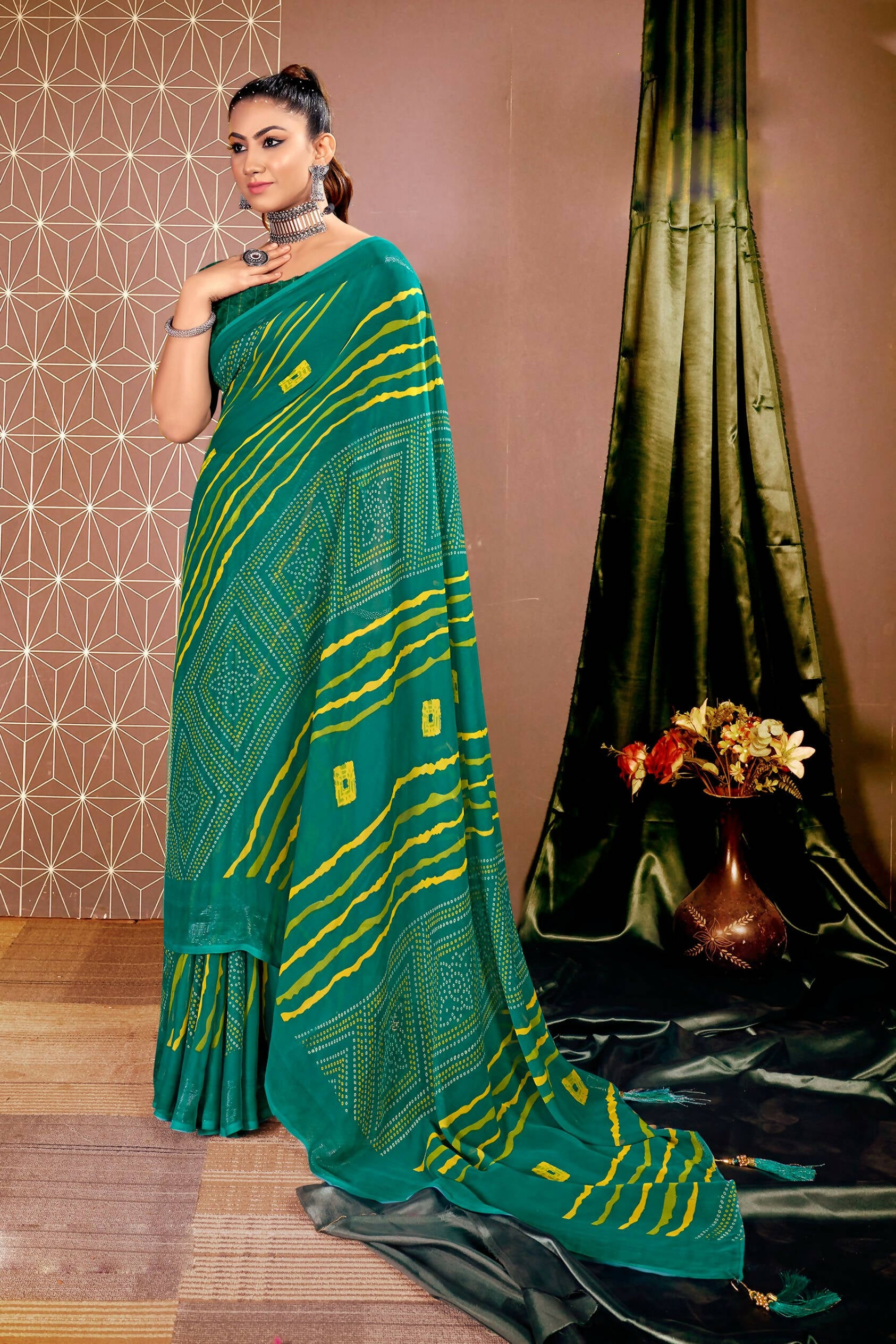 Teal Chiffon Leheriya Printed Saree With Unstitched Blouse Piece - Shanaya - Distacart