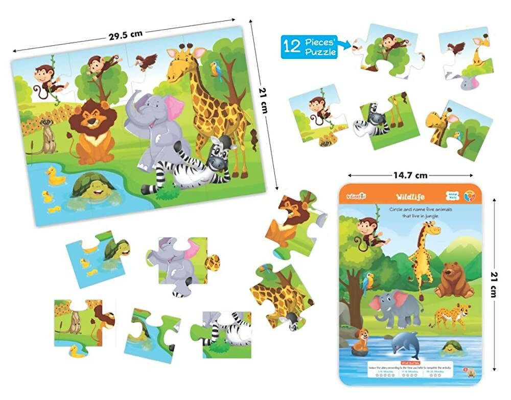 Braintastic Educational Game (3-6 yrs):Animal World / Kids Toys/Write & Wipe Activity Sheets/ Free 12 pc Puzzles - Distacart
