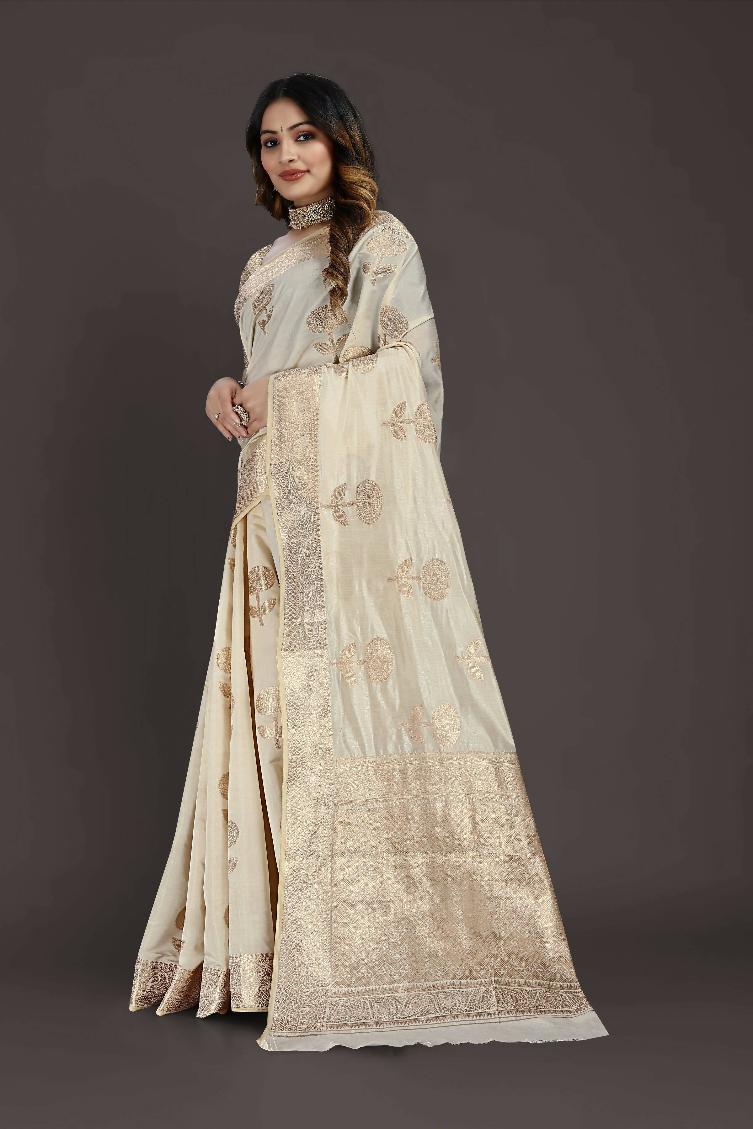 Off White Pure Raw Silk Zari Woven Saree with Unstitched Blouse Piece - Alisha - Distacart
