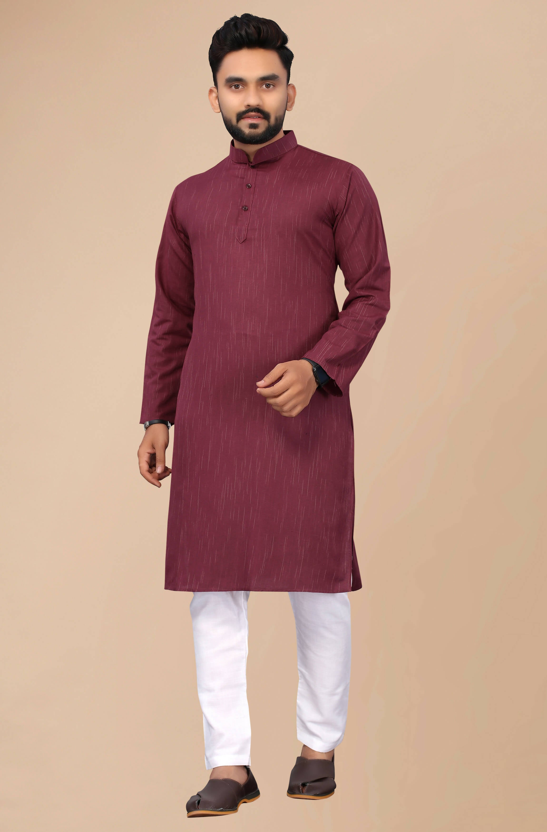 Men's Burgundy Striped Cotton Kurta - Mahotsav - Distacart