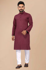 Thumbnail for Men's Burgundy Striped Cotton Kurta - Mahotsav - Distacart
