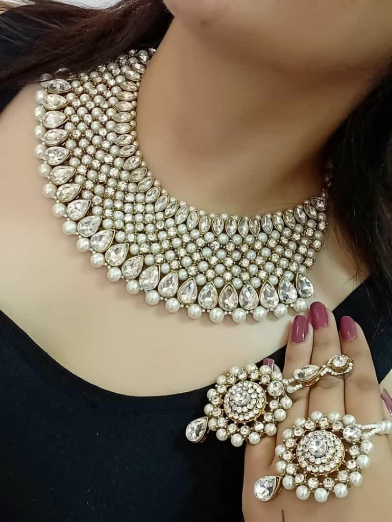 Gold-Plated Alloy Handmade Pearl & Stone Studded Choker Necklace Set - The Pari - Distacart