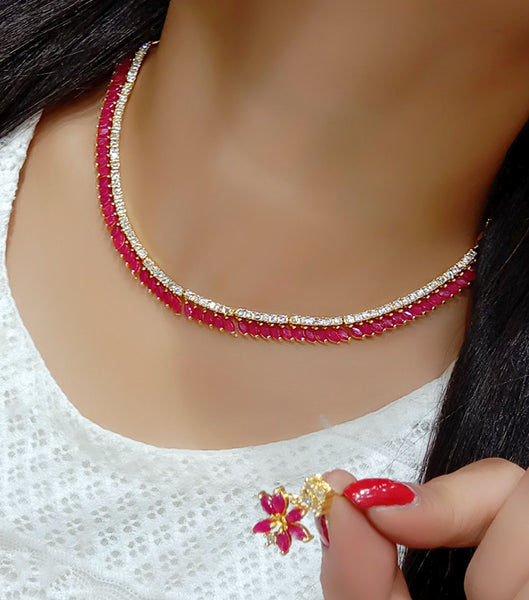 Gold-Plated Alloy Ruby Colour American Diamond Choker Necklace Set - The Pari - Distacart