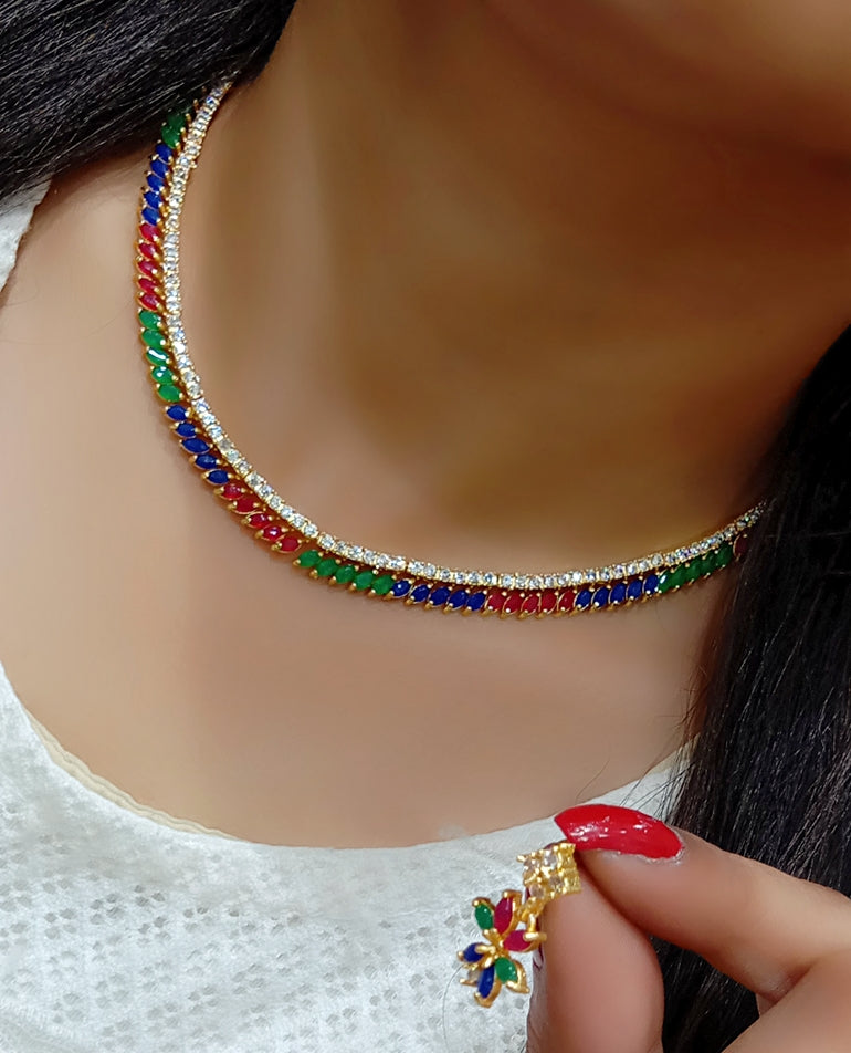 Gold-Plated Alloy American Diamond Studded Designer Necklace Set - The Pari - Distacart