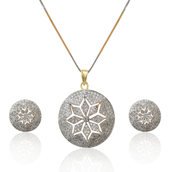 Rhodium-Plated Alloy Round Flower Engraved Ad Pendant Set - The Pari - Distacart