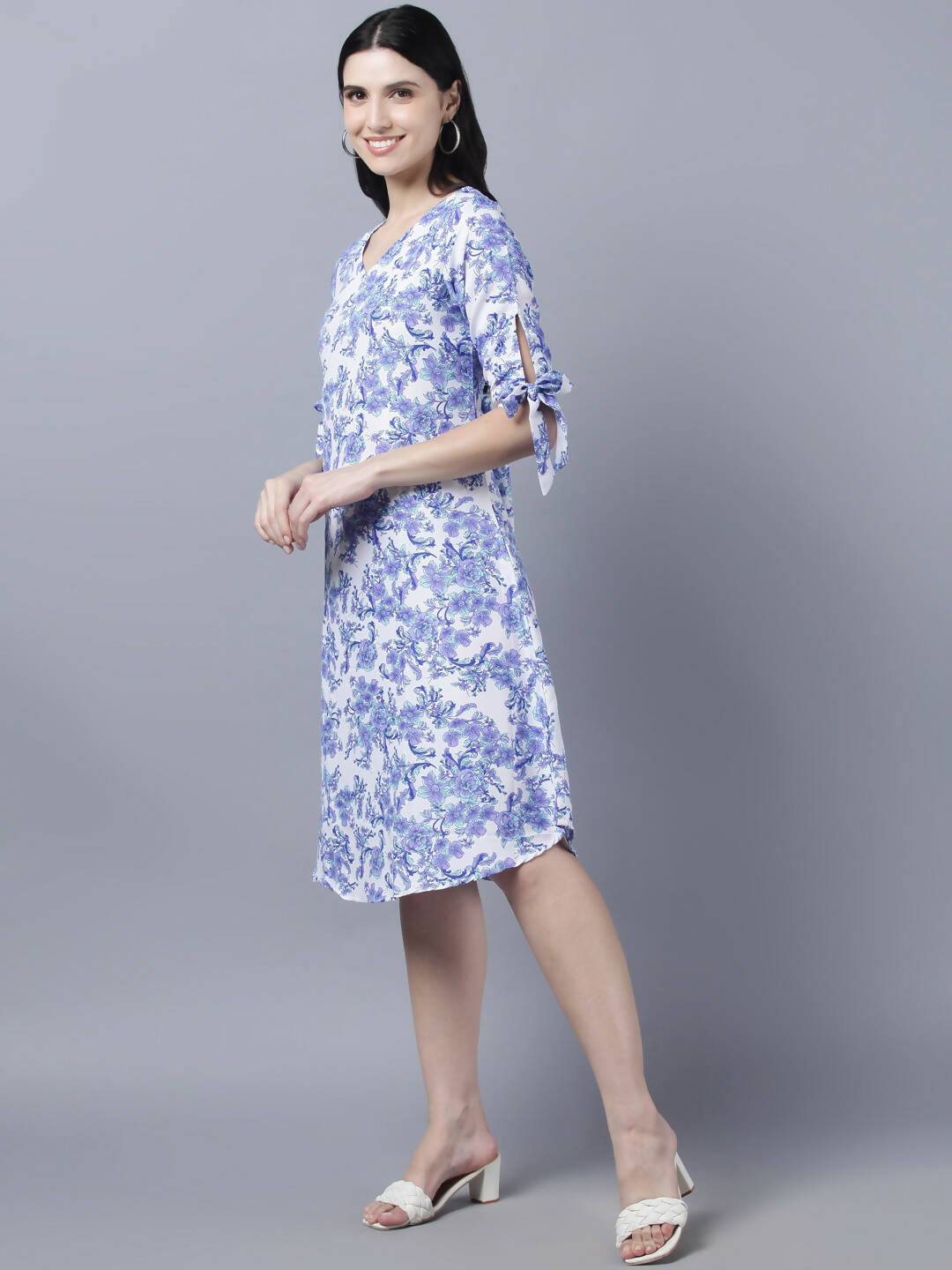 Myshka Women White Blue Printed A-Line Dress - Distacart