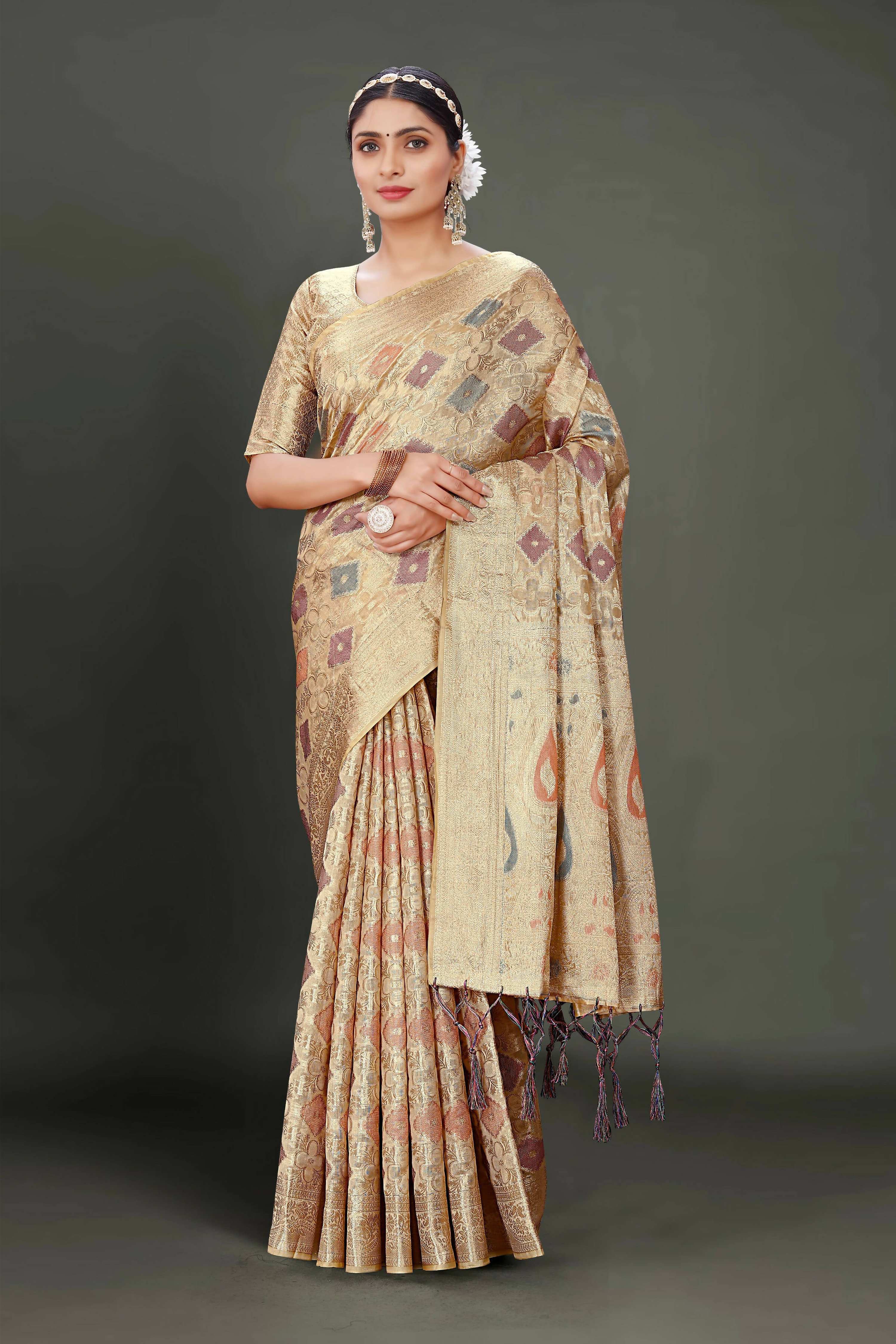 Beige Soft Organza Woven Design Saree With Unstitched Blouse Piece - Zaara - Distacart