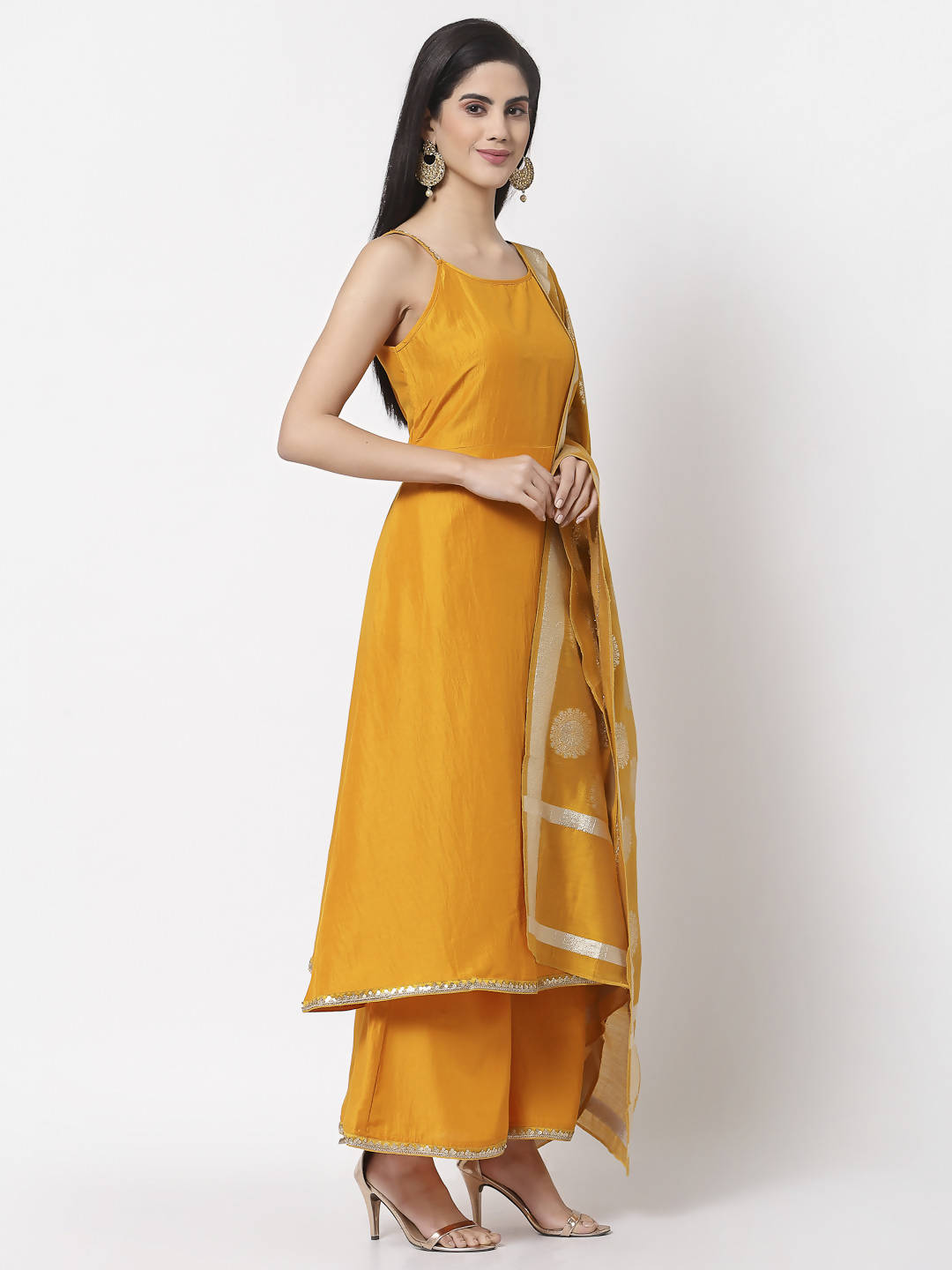 Myshka Women Yellow Silk Blend Solid Sleeveless Round Neck Neck Kurta Palazzo Dupatta Set