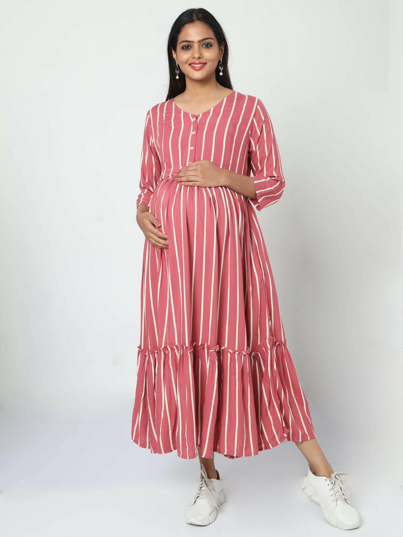 Manet Three Fourth Maternity Dress Striped With Concealed Zipper Nursing Access - Pink - Distacart