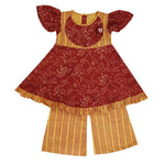 Thumbnail for Mhyssa Aruba V- neck Puff Sleeves Red and Yellow Kurta With Full Length Pant Set For Kids - Distacart