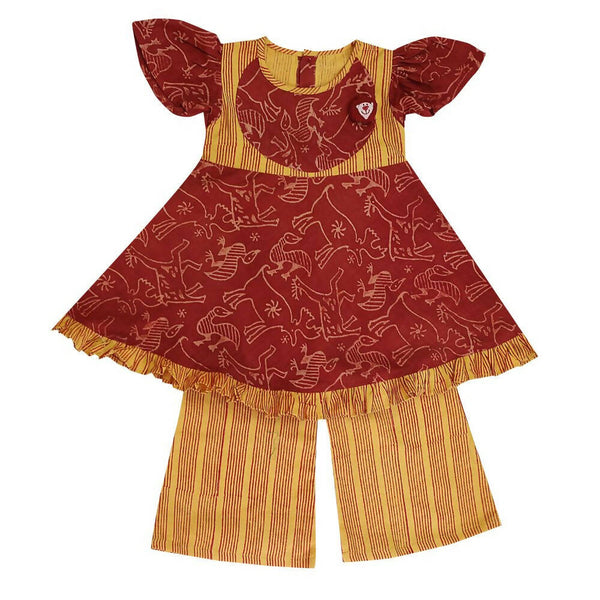 Mhyssa Aruba V- neck Puff Sleeves Red and Yellow Kurta With Full Length Pant Set For Kids - Distacart