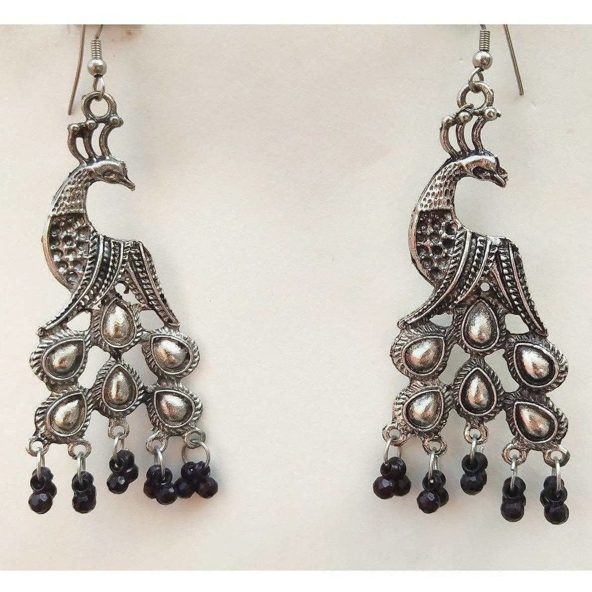 German Silver Oxidized Hanging Black Pearls Peacock Earrings