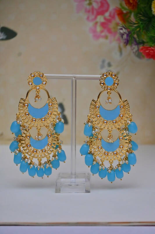 Meenakari Work Gold Plated 2 Layered Beaded Blue Chandbali Earrings with Kundan and Pearl Work By House of Ree - Distacart