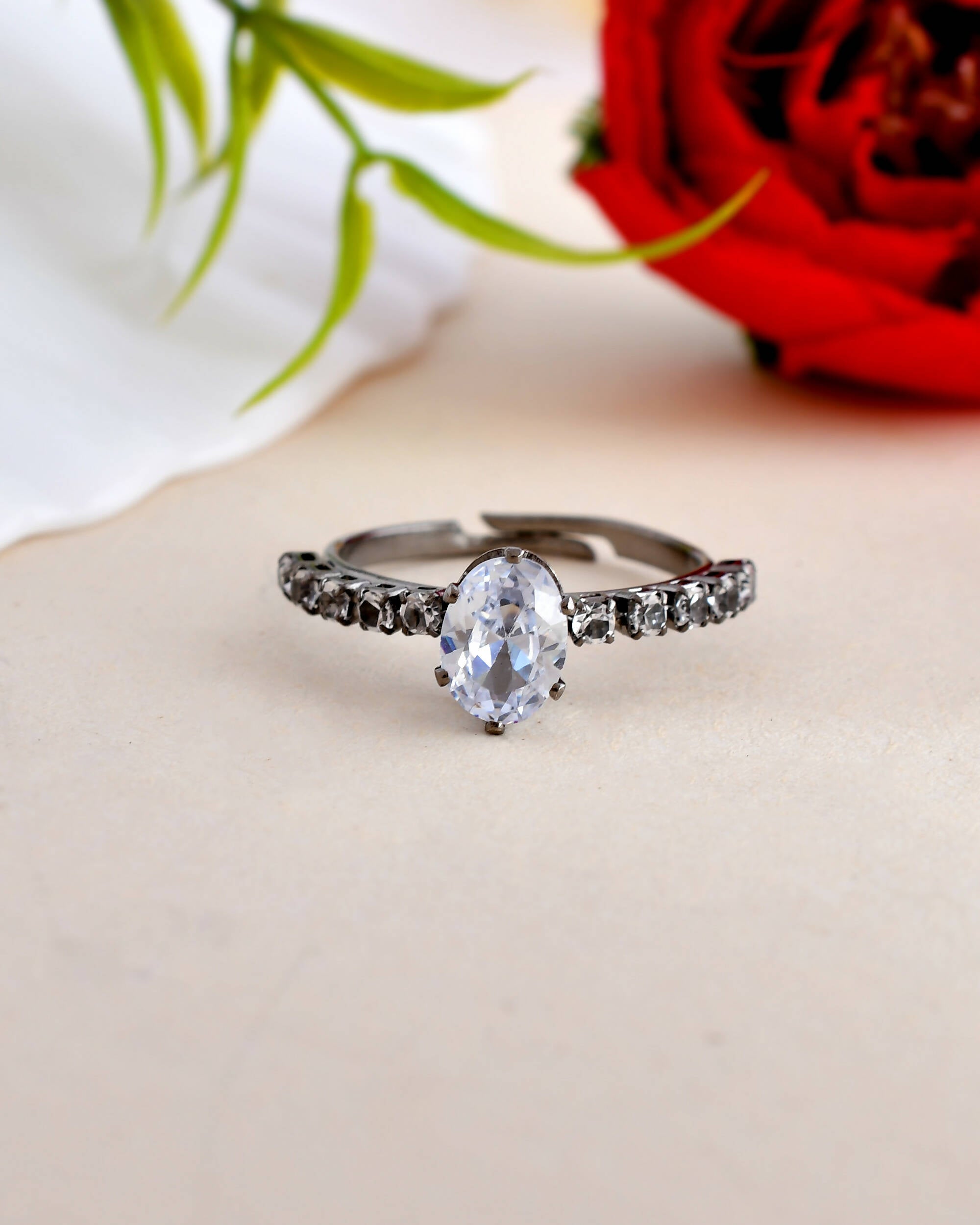 VOJ white CZ-detail Stainless Steel Cubic Zirconia Rhodium Plated Adjustable Finger Ring - Distacart